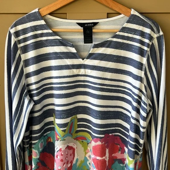 Ali Miles Sz L Muted Blue Striped Floral Split Collar 3/4 Sleeve - Picture 2 of 6